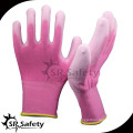 SRSAFETY 13 aguja de nylon sin costuras de color rosa guantes de construcción PU guante